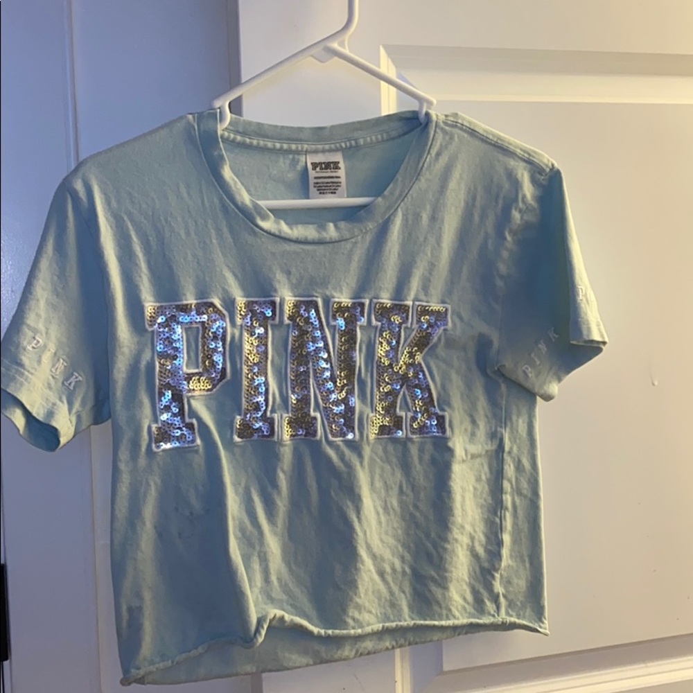 VS Pink Sequin Light Blue Crop Tee